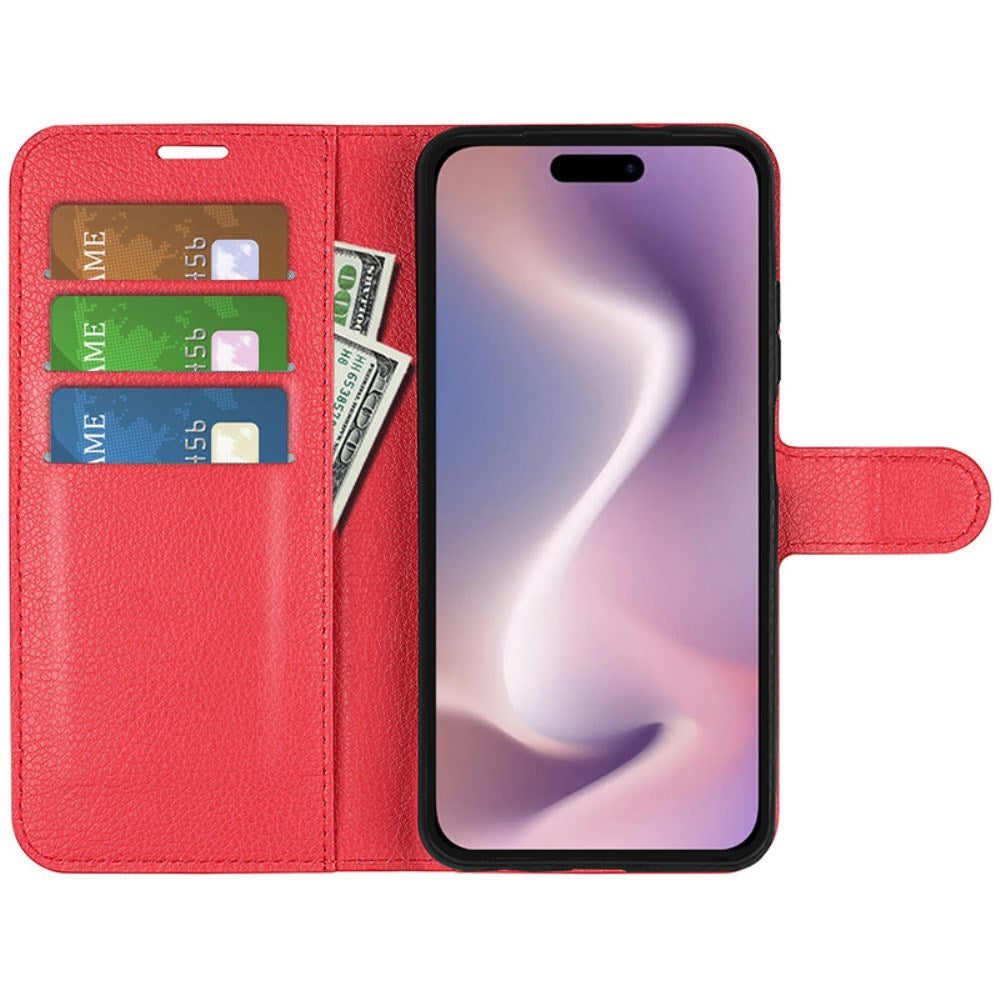 EIDERWOOD iPhone 16 Litchi Læder Mobil Cover m. Pung - Rød