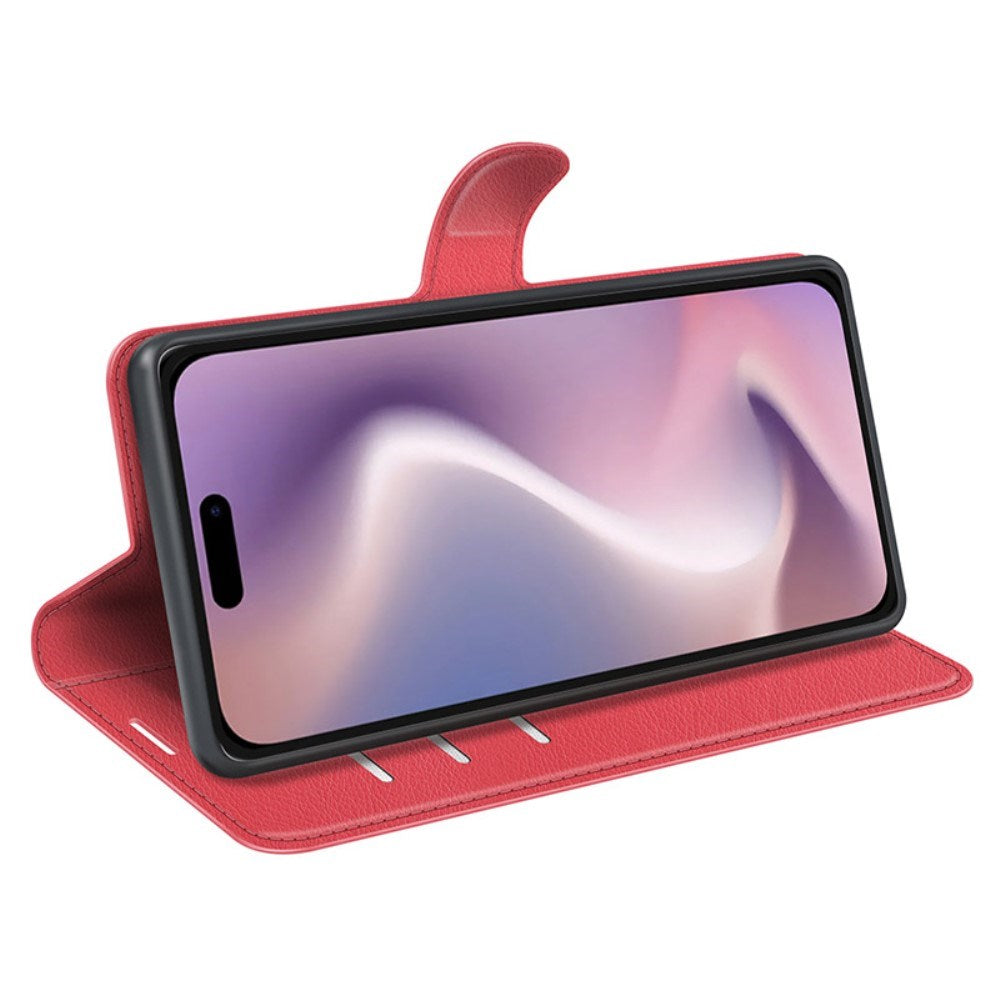 EIDERWOOD iPhone 16 Litchi Læder Mobil Cover m. Pung - Rød