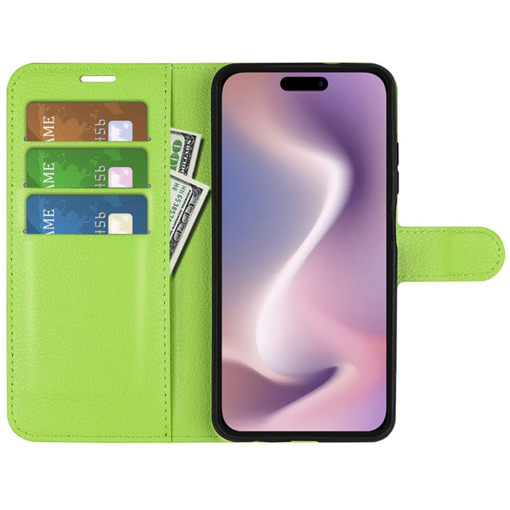 EIDERWOOD iPhone 16 Litchi Læder Mobil Cover m. Pung - Grøn