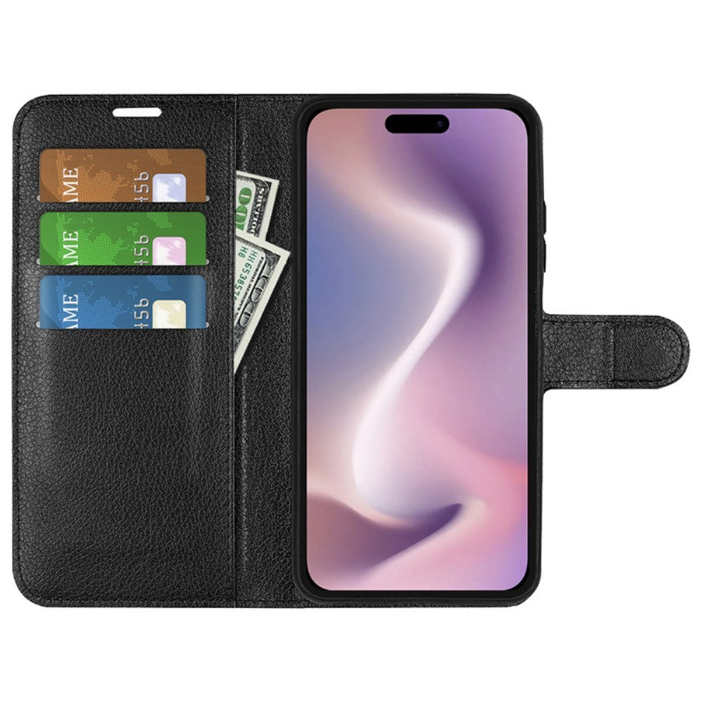 EIDERWOOD iPhone 16 Litchi Læder Mobil Cover m. Pung - Sort