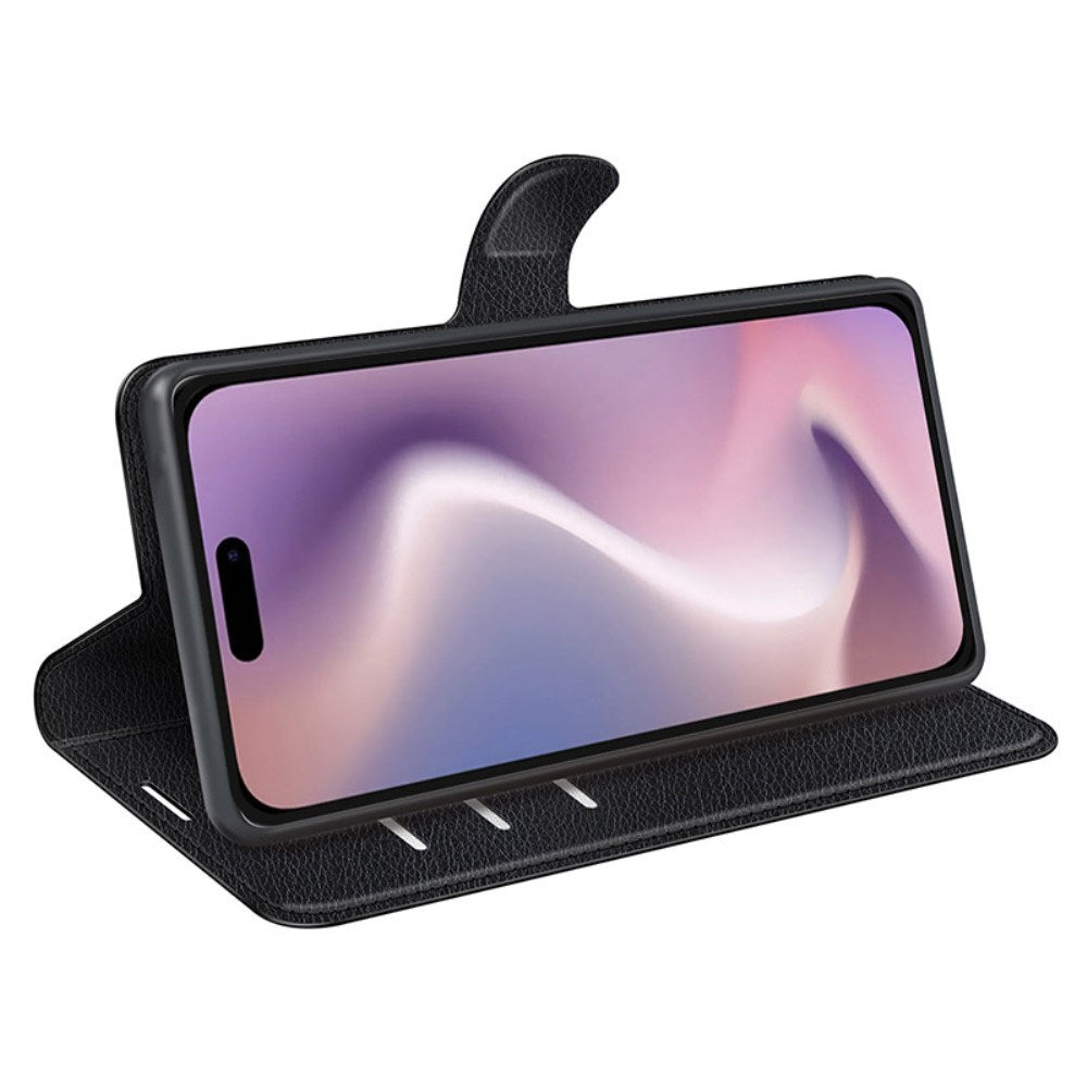 EIDERWOOD iPhone 16 Litchi Læder Mobil Cover m. Pung - Sort