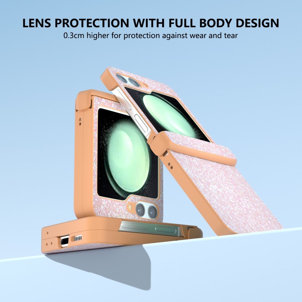 EIDERWOOD Samsung Galaxy Z Flip7 FE / Flip6 Læderbetrukket Glitrende Plastik Mobil Cover - Ferskenrosa