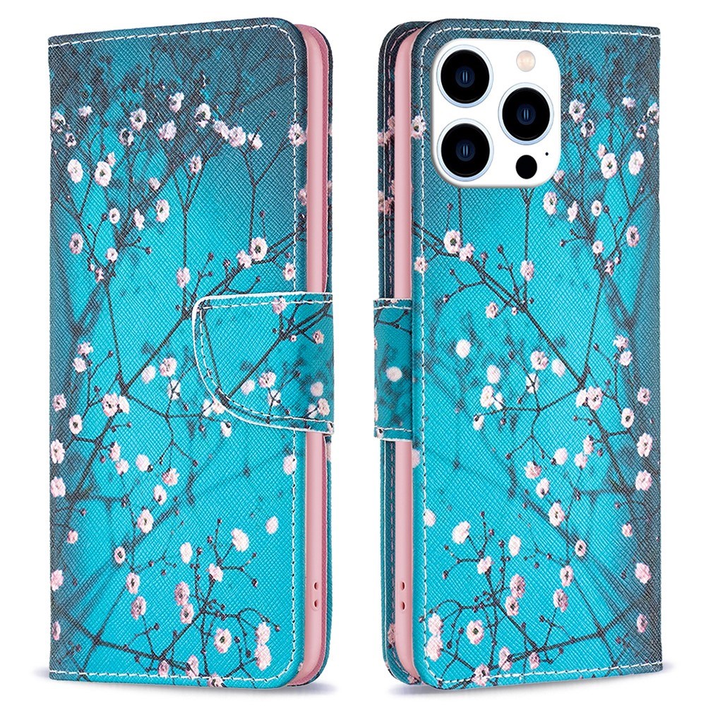 EIDERWOOD iPhone 16 Pro Læder Mobil Cover m. Pung & Ståfunktion - Træ Med Blomster