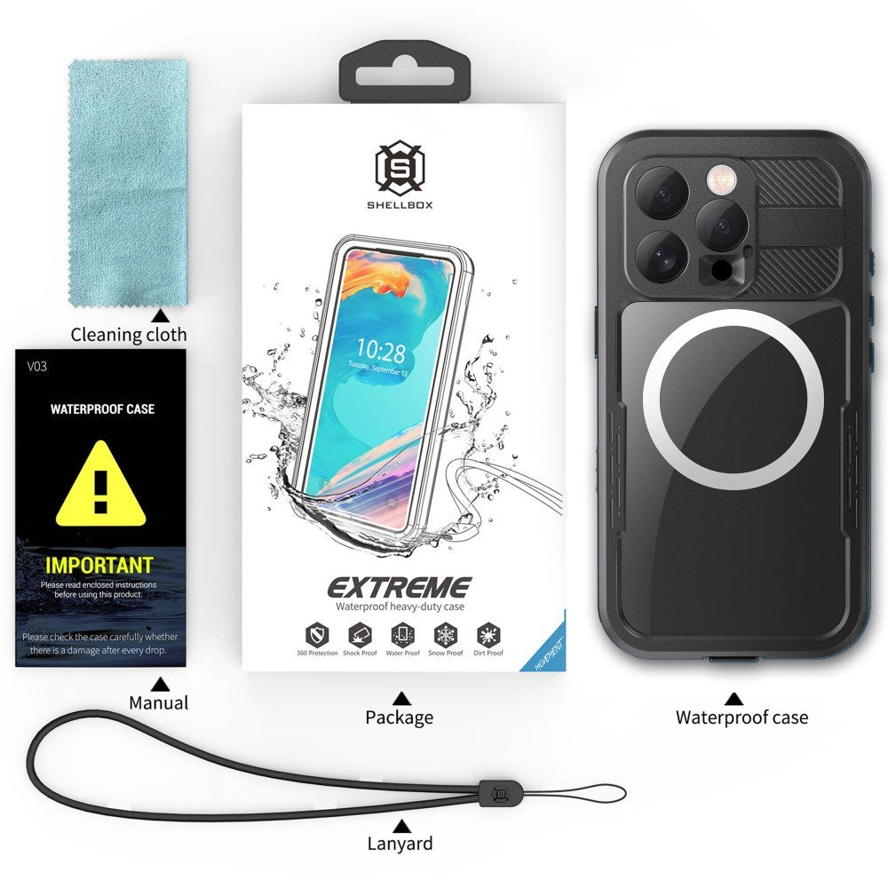 iPhone 16 Pro Vandtæt Håndværker Bagside Cover m. Skærmbeskyttelse og Strop - MagSafe Kompatibel - Gennemsigtig / Sort