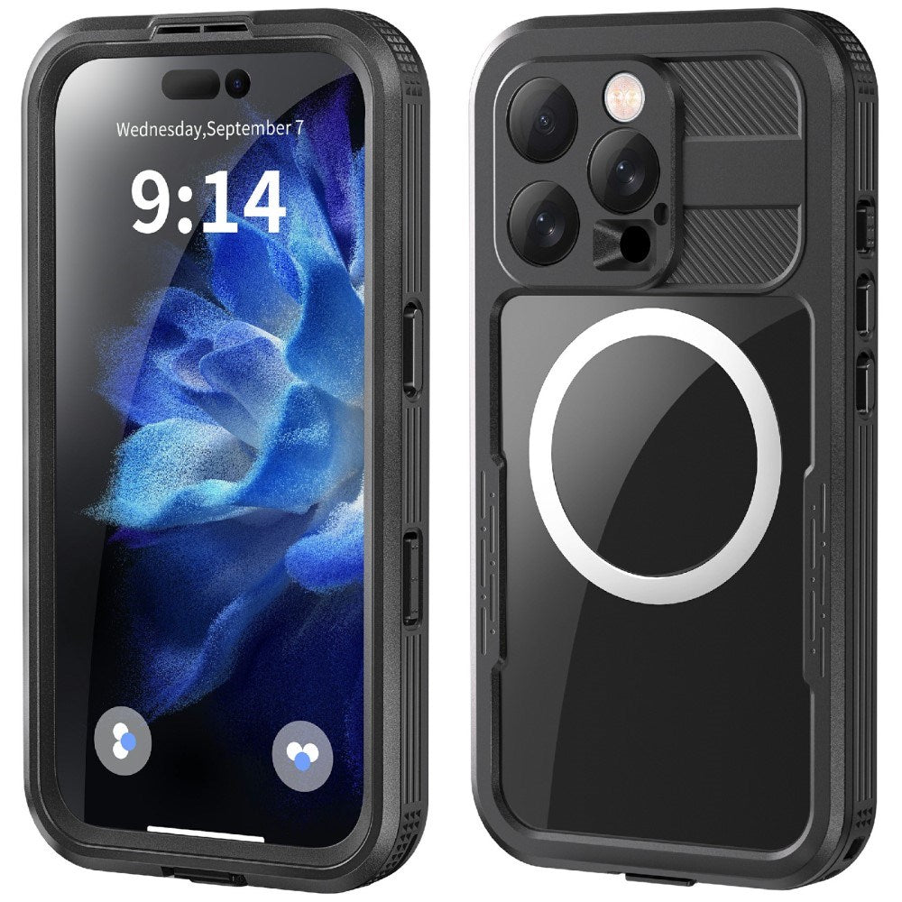 iPhone 16 Pro Vandtæt Håndværker Bagside Cover m. Skærmbeskyttelse og Strop - MagSafe Kompatibel - Gennemsigtig / Sort