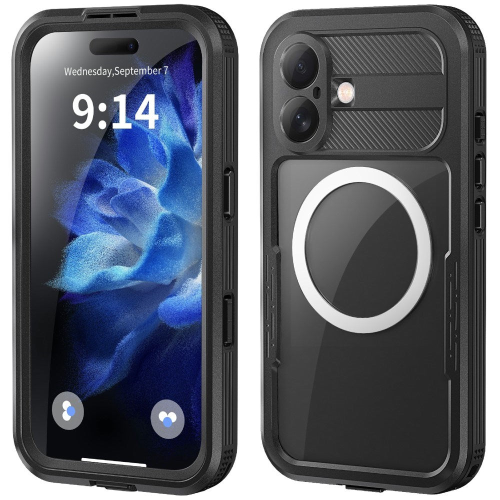 iPhone 16 Vandtæt Håndværker Bagside Cover m. Skærmbeskyttelse og Strop - MagSafe Kompatibel - Gennemsigtig / Sort