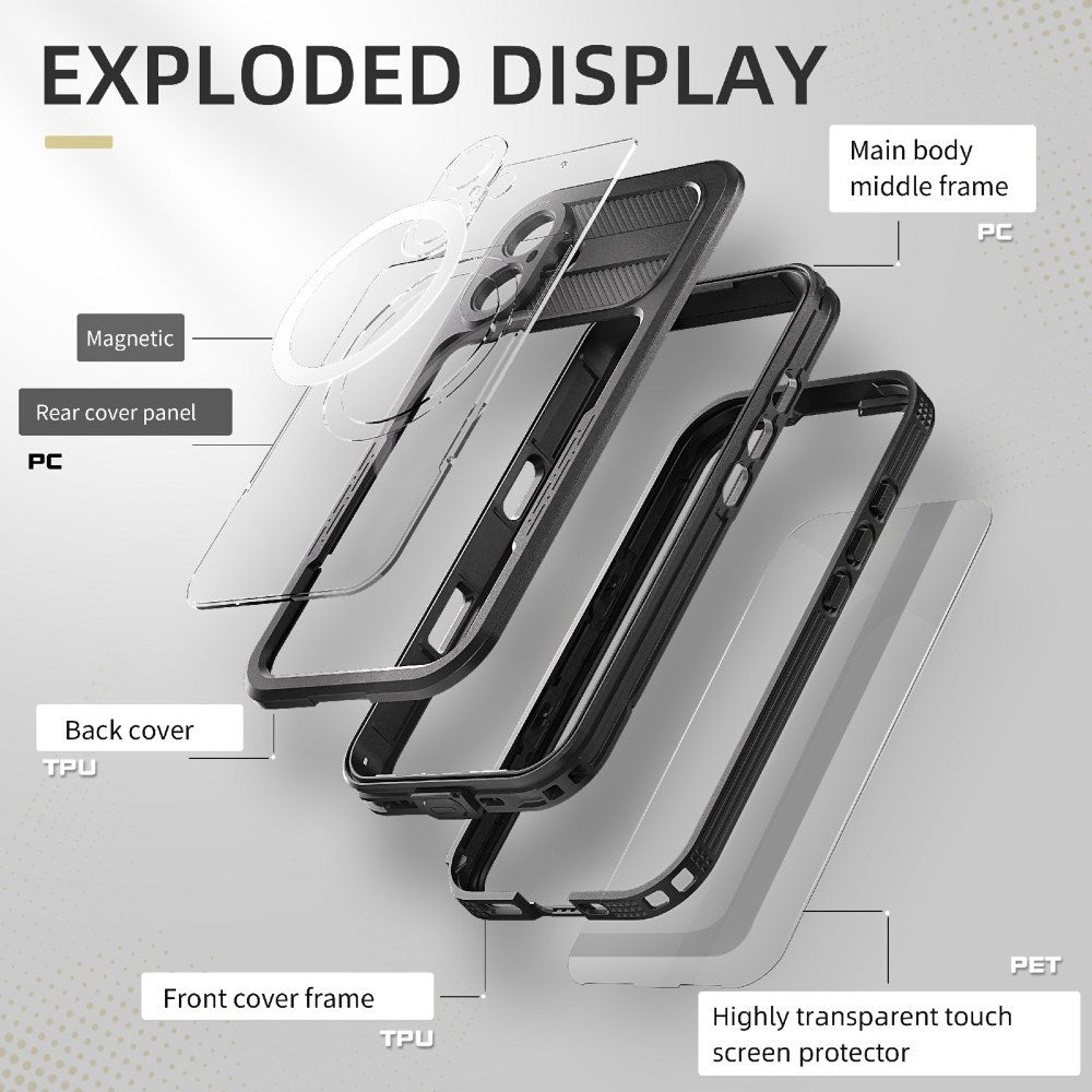 iPhone 16 Vandtæt Håndværker Bagside Cover m. Skærmbeskyttelse og Strop - MagSafe Kompatibel - Gennemsigtig / Sort