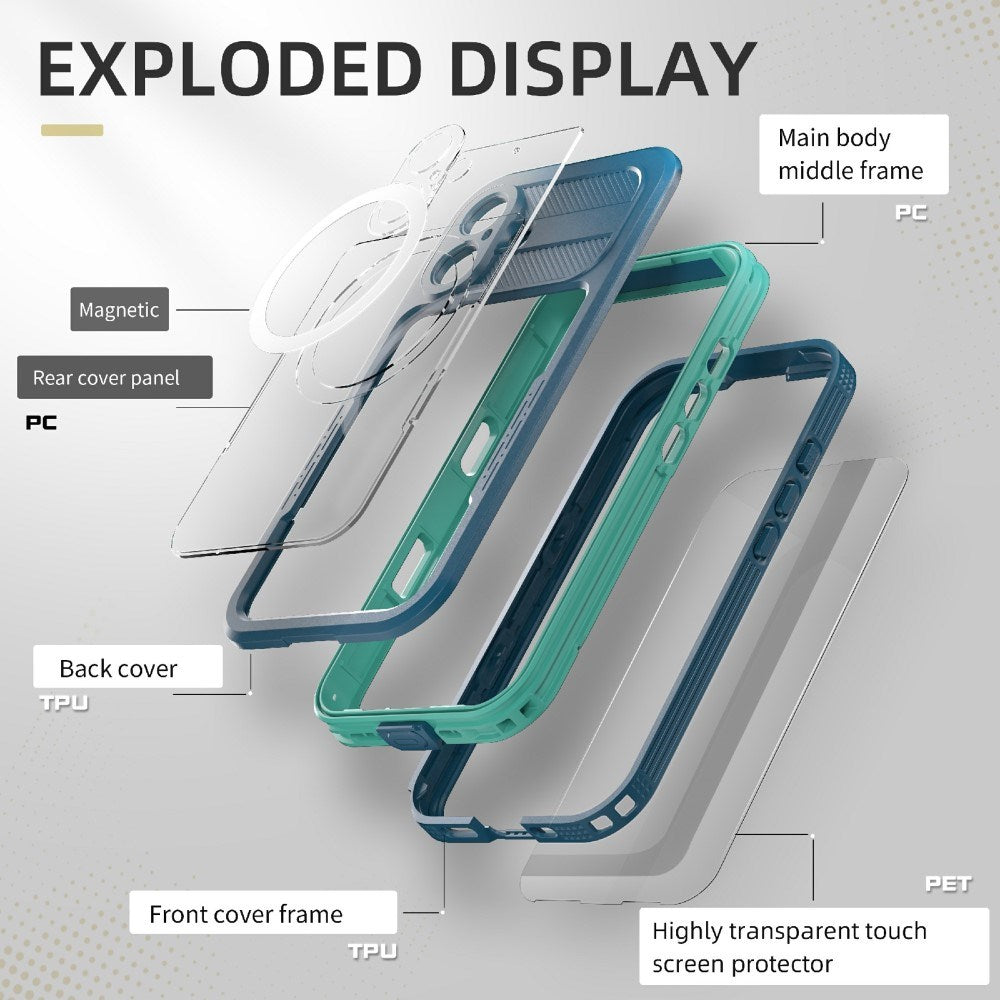 iPhone 16 Vandtæt Håndværker Bagside Cover m. Skærmbeskyttelse og Strop - MagSafe Kompatibel - Gennemsigtig / Blå