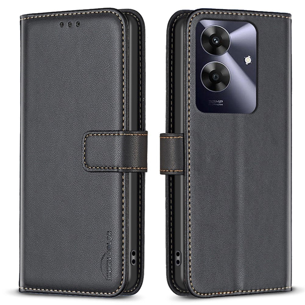 Realme Note 60 / 60x (4G) / C63 (4G) / C61 (4G) Kunstlæder Mobil Cover m. Ståfunktion & Kortholder - Sort
