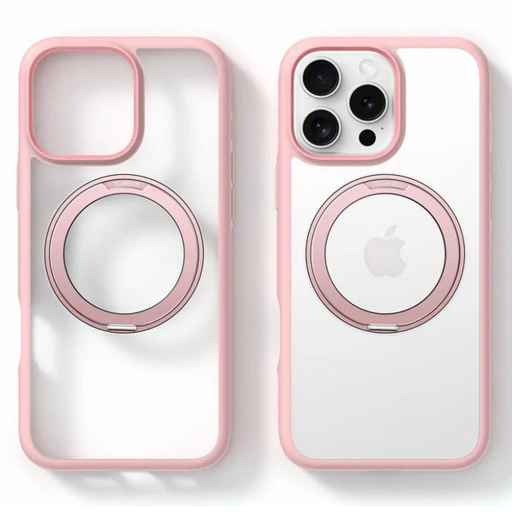 TORRAS - iPhone 16 Pro - Hybrid Plastik Cover m. Roterbar Kickstand Ring - MagSafe Kompatibel - Gennemsigtig / Lyserød