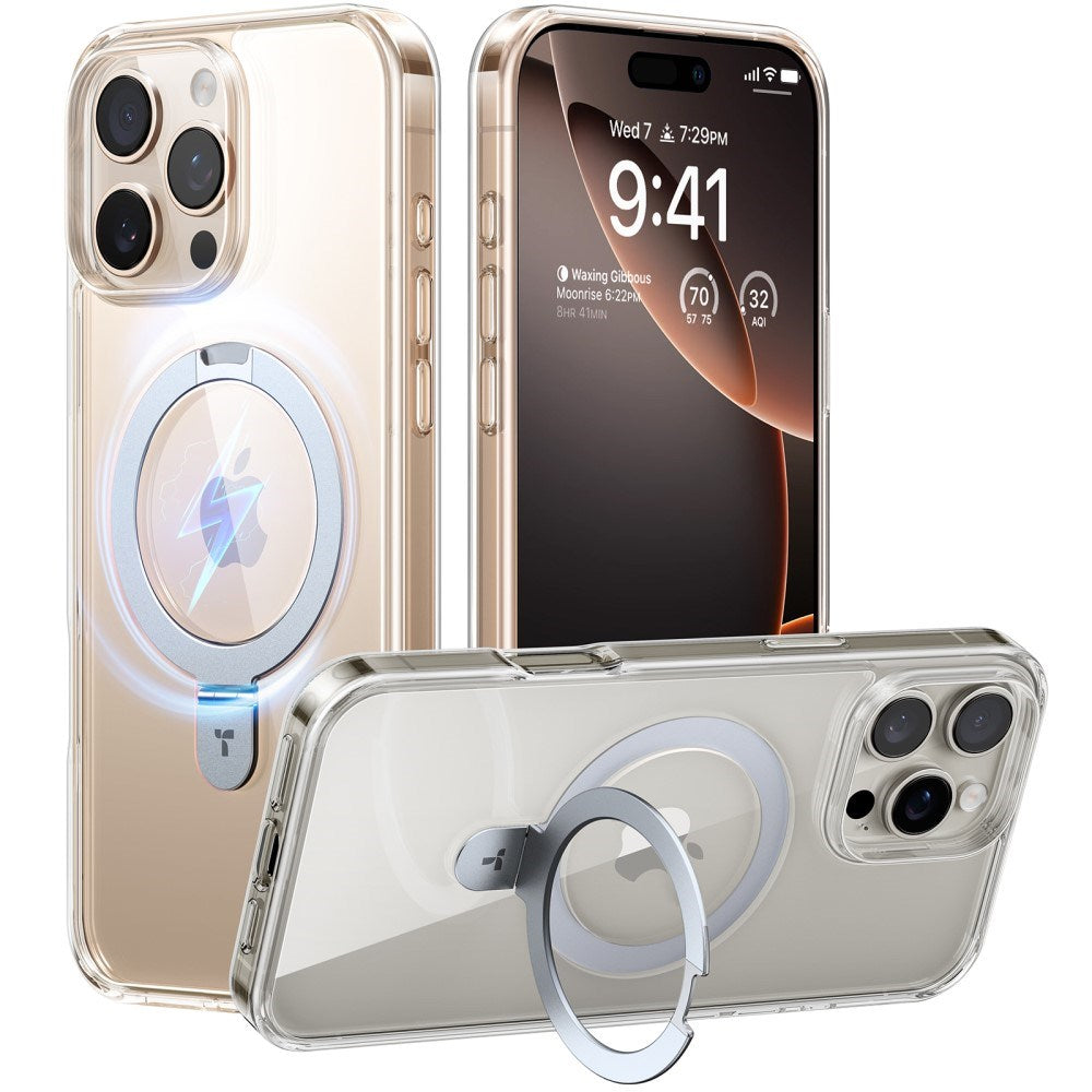 TORRAS - iPhone 16 Pro - Guardian Ostand Series Cover m. Kickstand - MagSafe Kompatibel - Gennemsigtig / Sølv