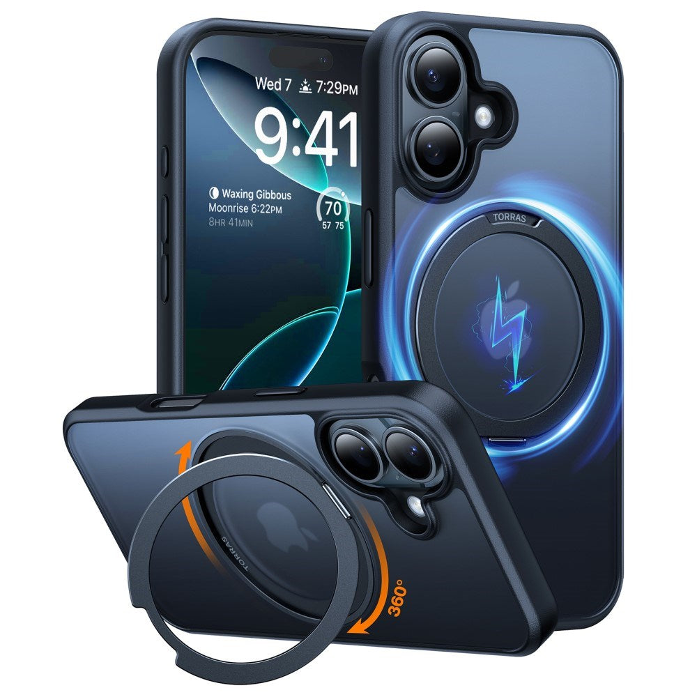 TORRAS - iPhone 16 - Fleksibelt Plastik Cover m. Ring Kickstand - MagSafe Kompatibel - Sort
