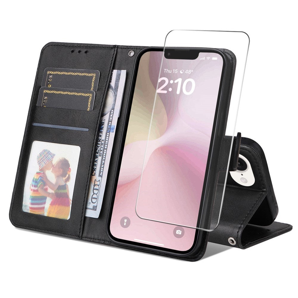 ENKAY - iPhone 17e / 16e - 2-i-1 Kunstlæder Flip Cover m. Skærmbeskyttelsesglas - Sort