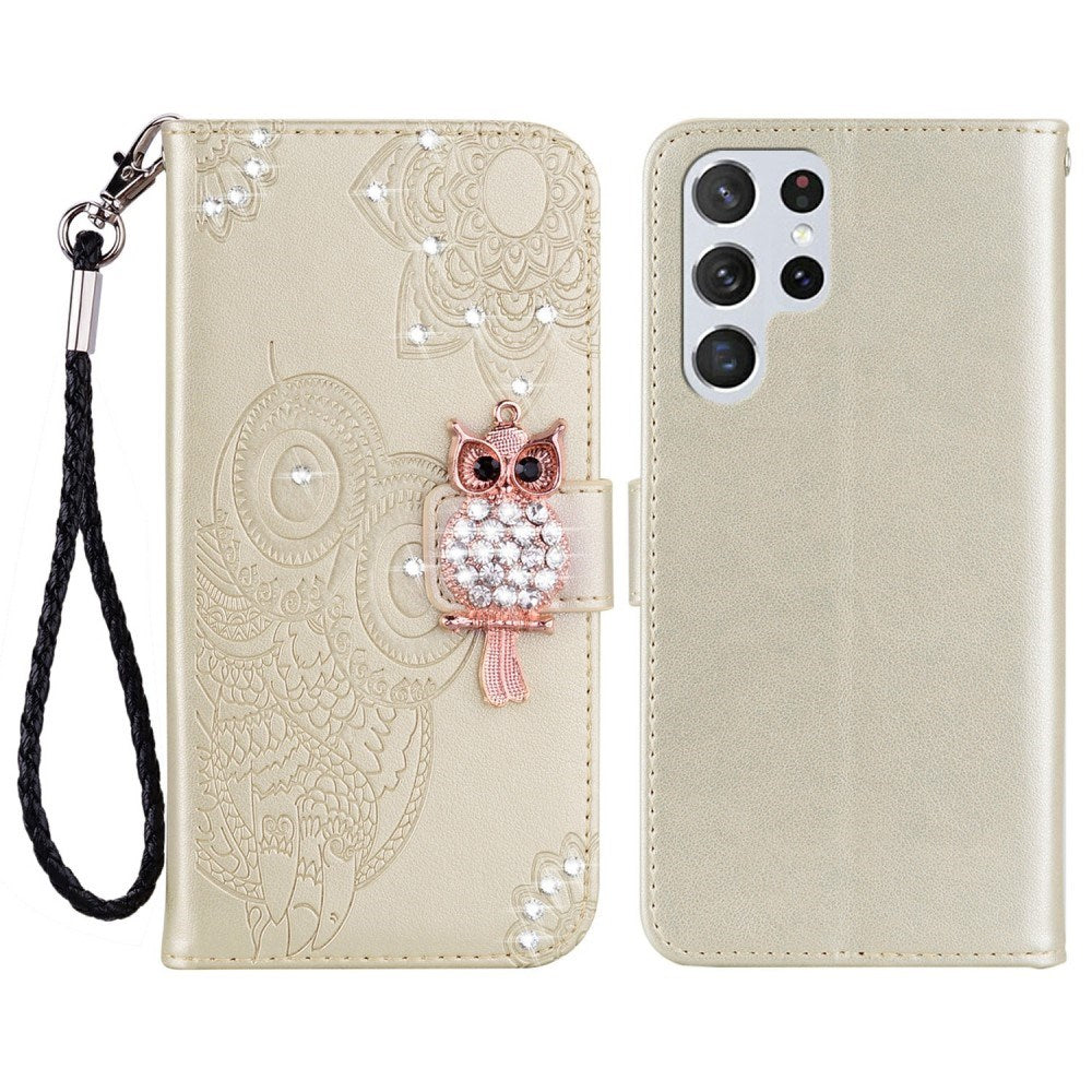 Samsung Galaxy S25 Ultra - EIDERWOOD Kunstlæder Flip Cover m. Uglemotiv - Guld