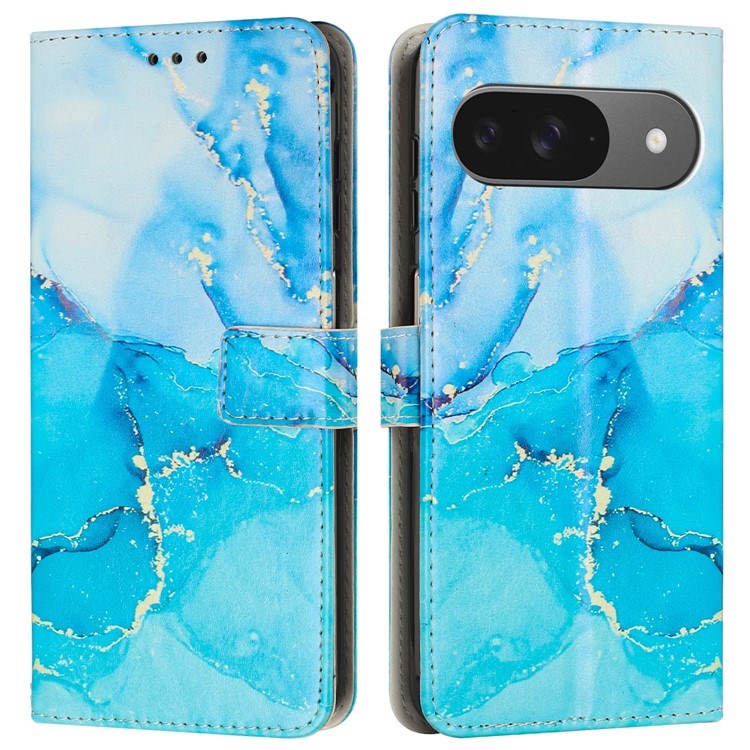 Google Pixel 10 / 10 Pro / 9 / 9 Pro - EIDERWOOD Marmor Kunstlæder Flip Cover m. Strop - Blå / Grøn