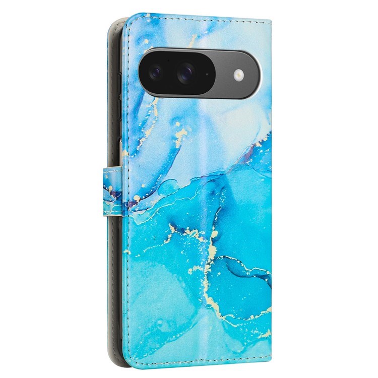 Google Pixel 10 / 10 Pro / 9 / 9 Pro - EIDERWOOD Marmor Kunstlæder Flip Cover m. Strop - Blå / Grøn