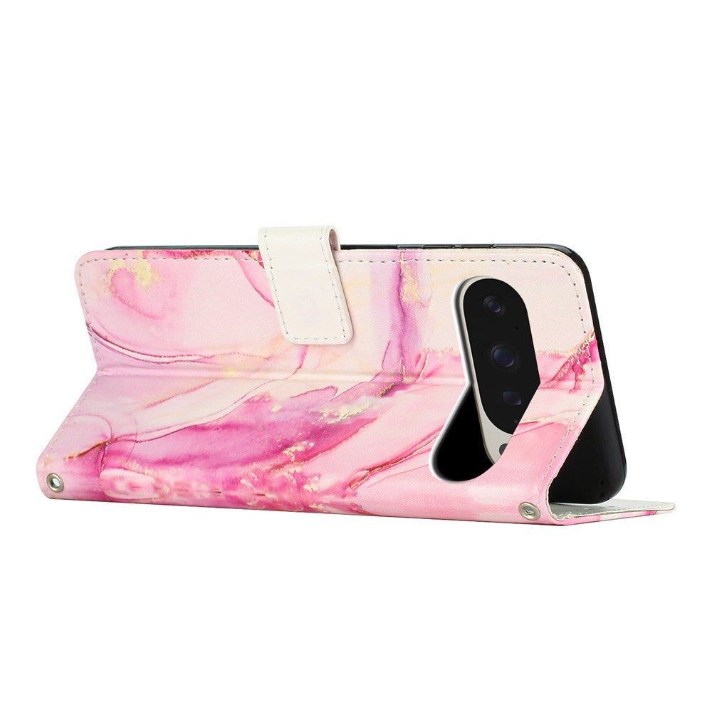 Google Pixel 10 Pro XL / 9 Pro XL - EIDERWOOD Marmormønstret Kunstlæder Flip Cover m. Strop - Lyserød