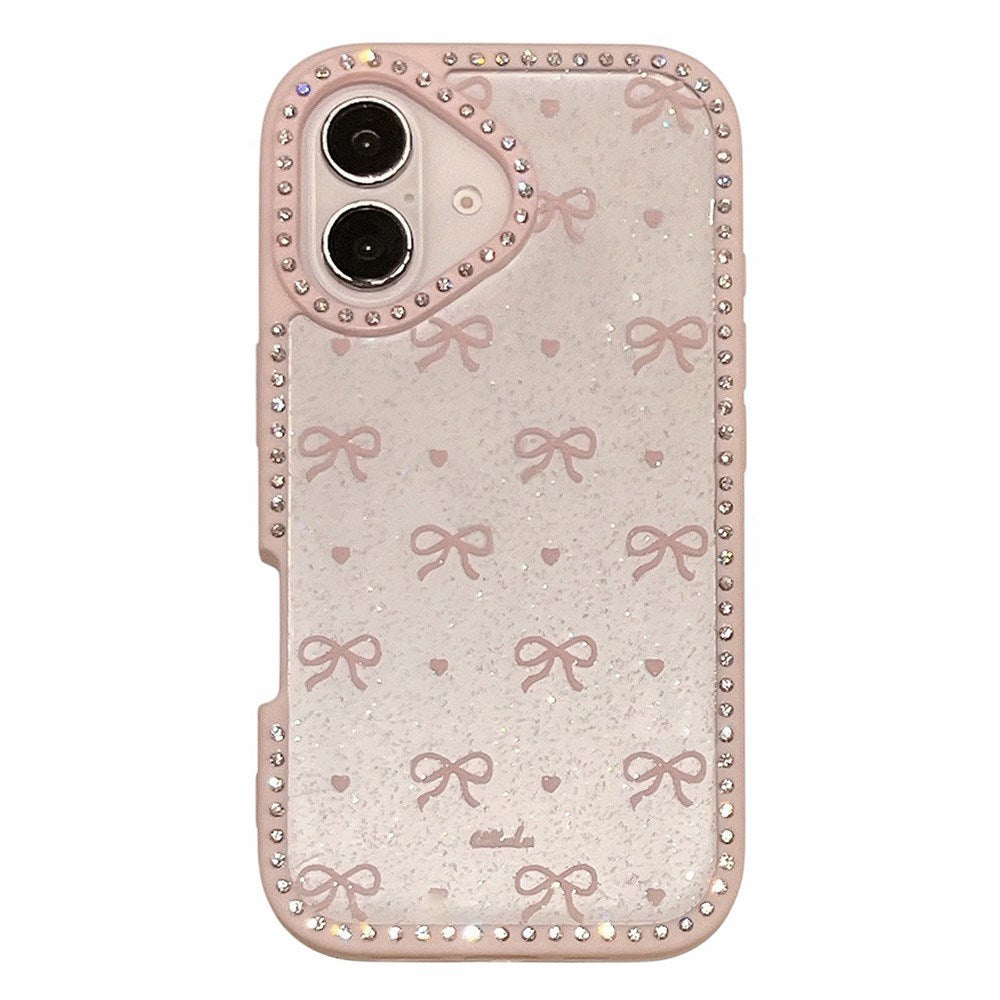 EIDERWOOD iPhone 16 Hybrid Mobil Cover m. Sløjfer og Rhinsten - Gennemsigtig / Lyserød