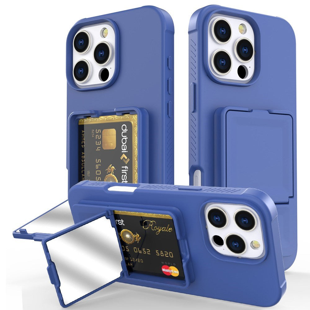 EIDERWOOD iPhone 16 Pro Fleksibelt Plastik Mobil Cover m. Kortholder & Indbygget Spejl - Blå