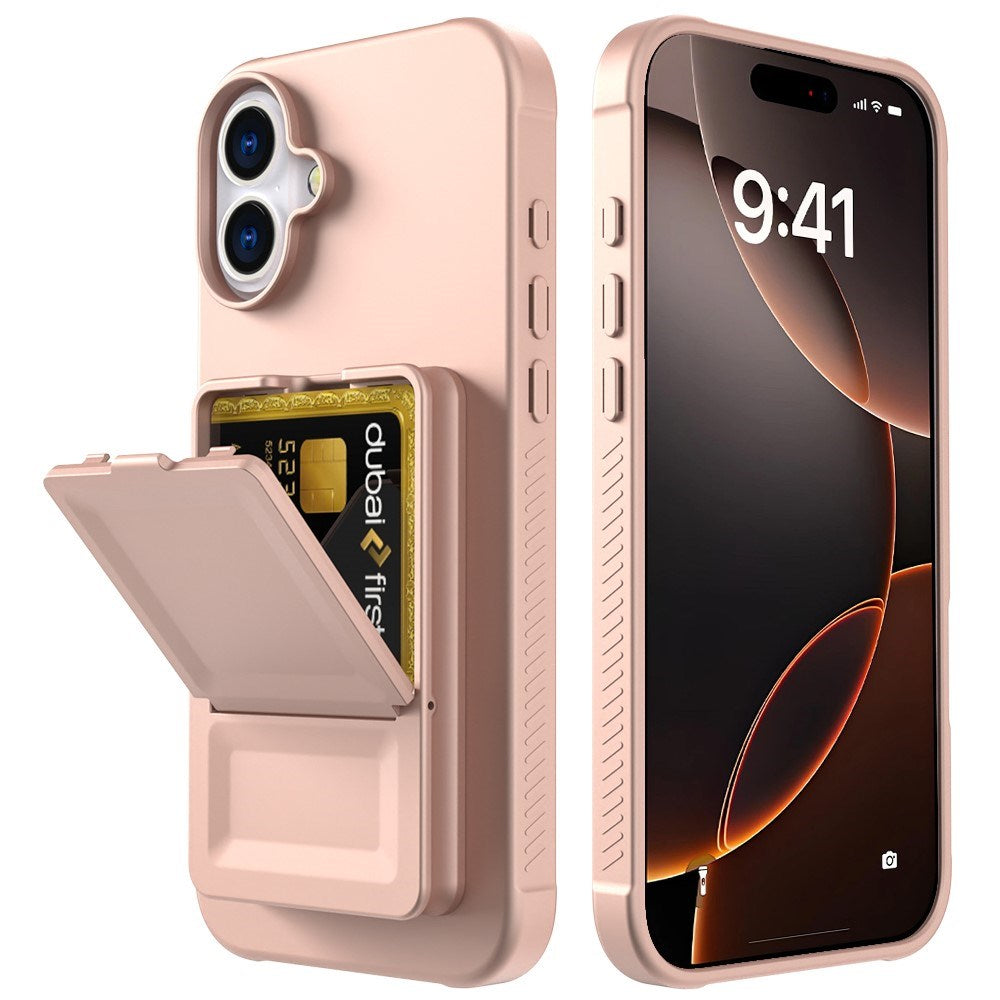 EIDERWOOD iPhone 16 Fleksibelt Plastik Mobil Cover m. Kortholder & Indbygget Spejl - Rose Gold