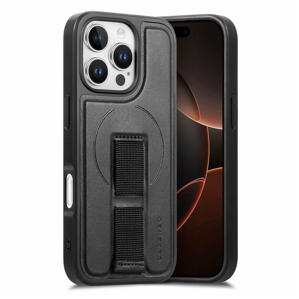 iPhone 16 Pro - Hårdt Plastik Cover m. Kunstlæder Bagside & Fingerrem - MagSafe Kompatibel - Sort