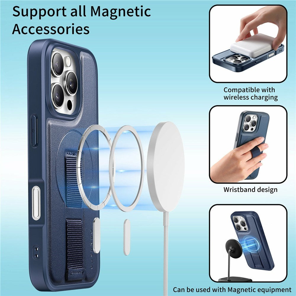 iPhone 16 Pro - Hårdt Plastik Cover m. Kunstlæder Bagside & Fingerrem - MagSafe Kompatibel - Blå