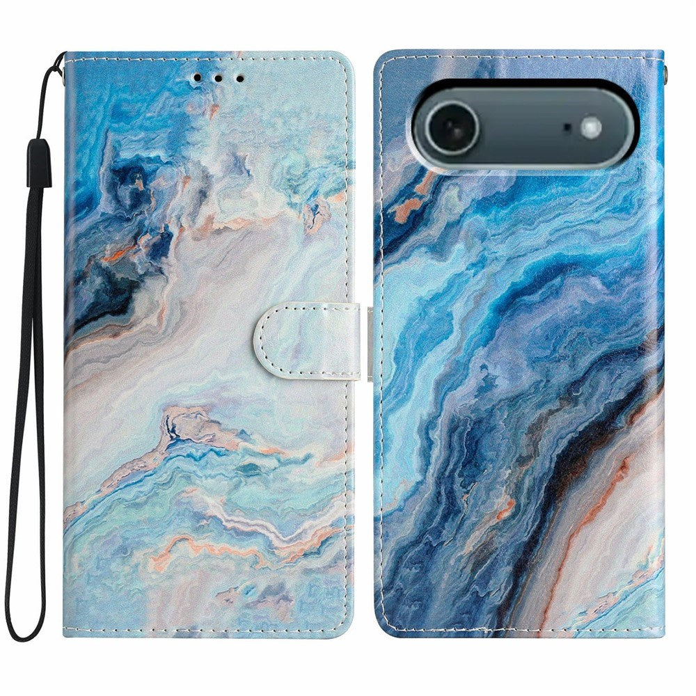 iPhone Air - EIDERWOOD Imiteret Læder Cover m. Pung & Strop - Blå Marmor