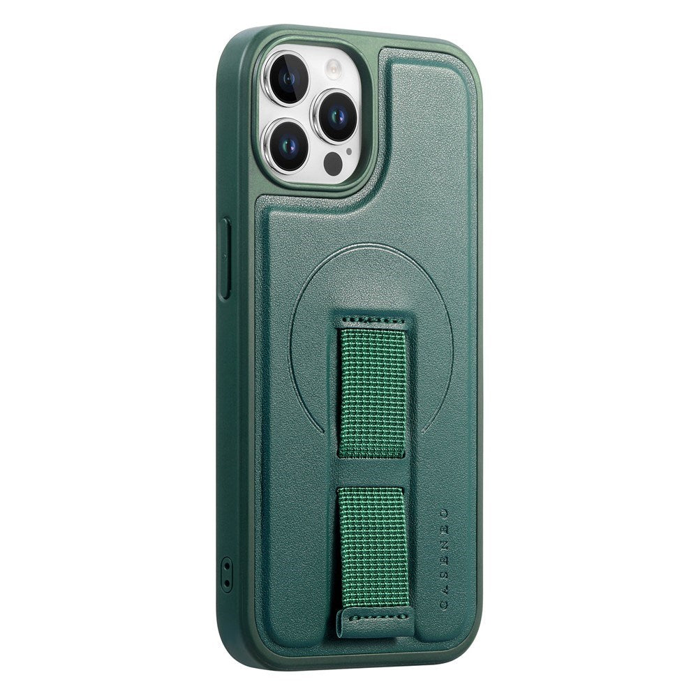iPhone 12 / 12 Pro - Hårdt Plastik Cover m. Kunstlæder Bagside & Fingerrem - MagSafe Kompatibel - Grøn