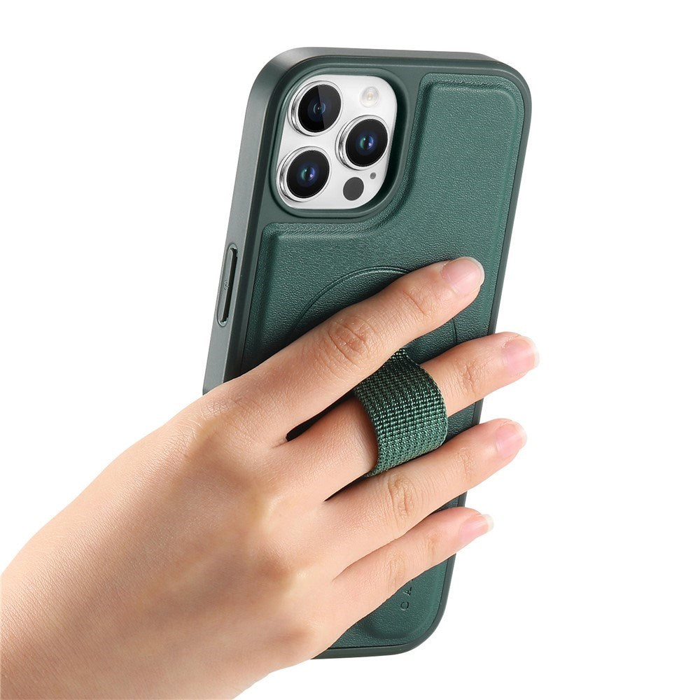 iPhone 12 / 12 Pro - Hårdt Plastik Cover m. Kunstlæder Bagside & Fingerrem - MagSafe Kompatibel - Grøn