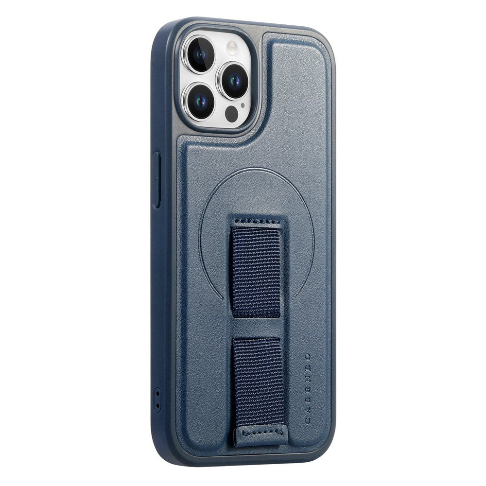 iPhone 12 / 12 Pro - Hårdt Plastik Cover m. Kunstlæder Bagside & Fingerrem - MagSafe Kompatibel - Blå