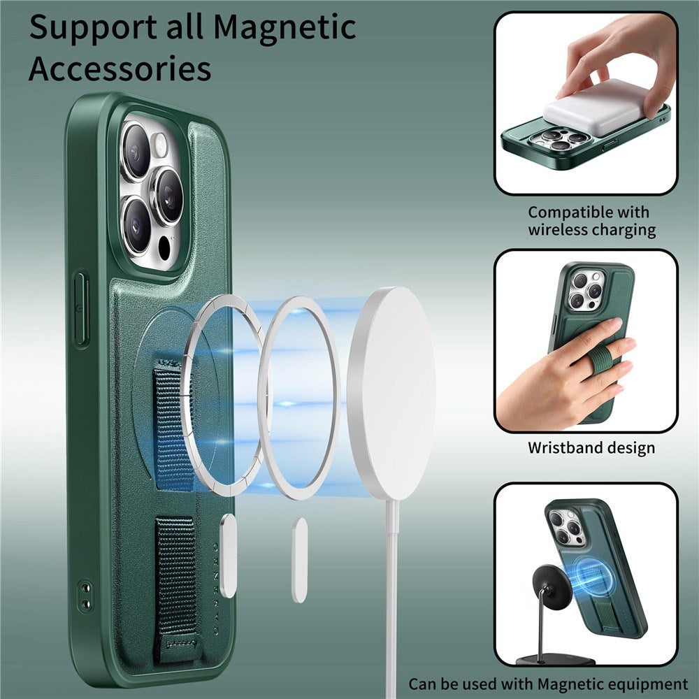 iPhone 14 Pro - Hårdt Plastik Cover m. Kunstlæder Bagside & Fingerrem - MagSafe Kompatibel - Grøn