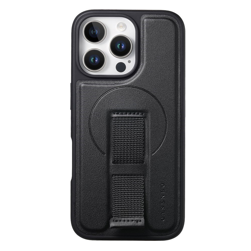 iPhone 15 Pro - Hårdt Plastik Cover m. Kunstlæder Bagside & Fingerrem - MagSafe Kompatibel - Sort
