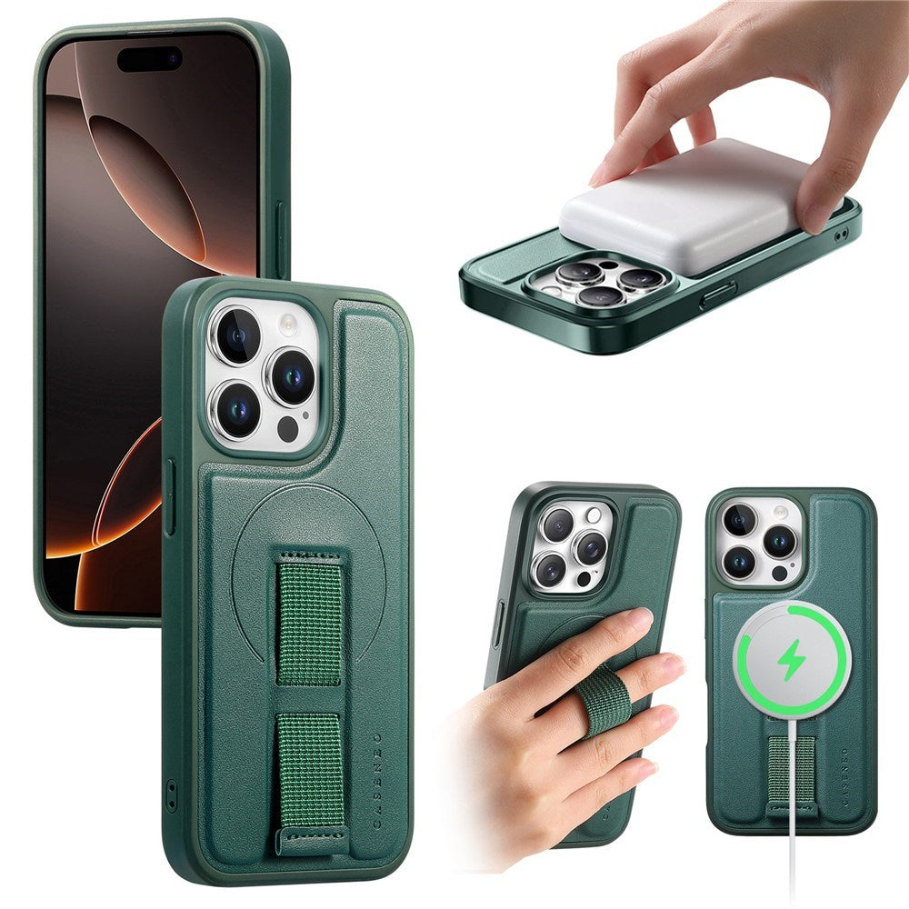 iPhone 15 Pro - Hårdt Plastik Cover m. Kunstlæder Bagside & Fingerrem - MagSafe Kompatibel - Grøn