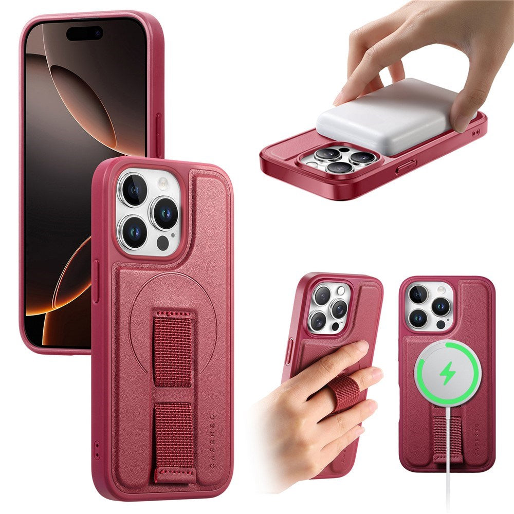 iPhone 15 Pro - Hårdt Plastik Cover m. Kunstlæder Bagside & Fingerrem - MagSafe Kompatibel - Rød