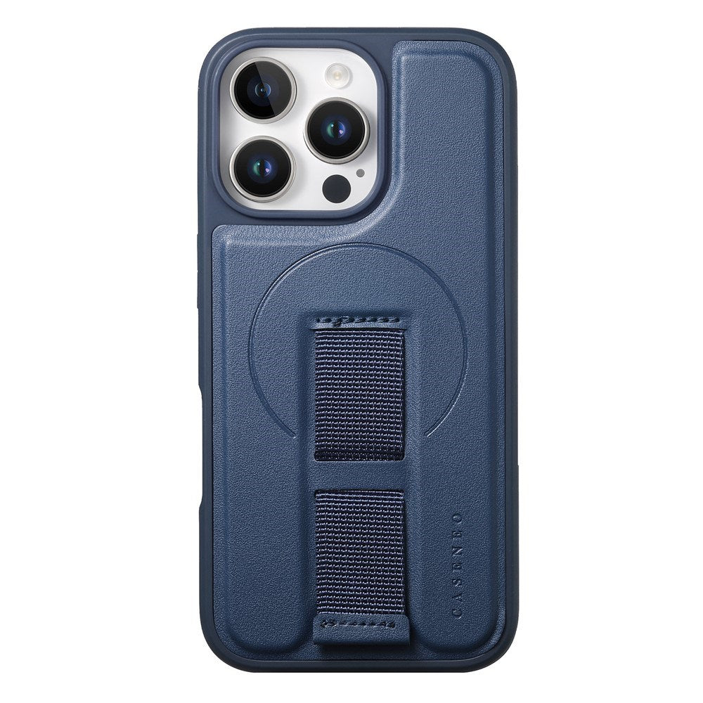 iPhone 15 Pro - Hårdt Plastik Cover m. Kunstlæder Bagside & Fingerrem - MagSafe Kompatibel - Blå