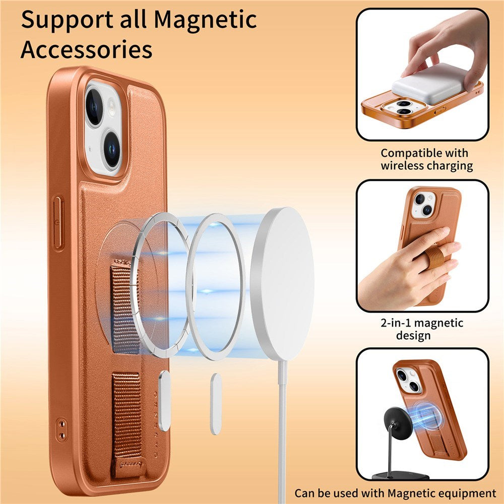 iPhone 15 - Hårdt Plastik Cover m. Kunstlæder Bagside & Fingerrem - MagSafe Kompatibel - Brun