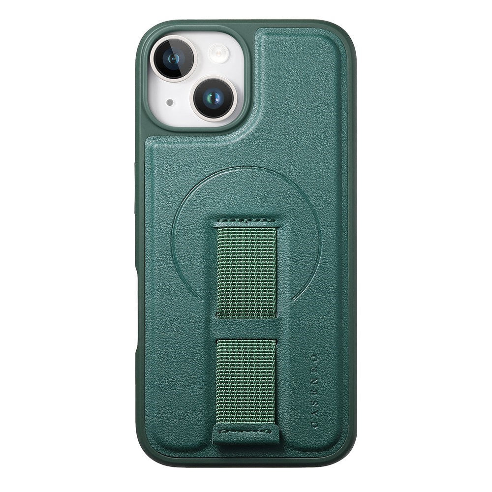 iPhone 15 - Hårdt Plastik Cover m. Kunstlæder Bagside & Fingerrem - MagSafe Kompatibel - Grøn