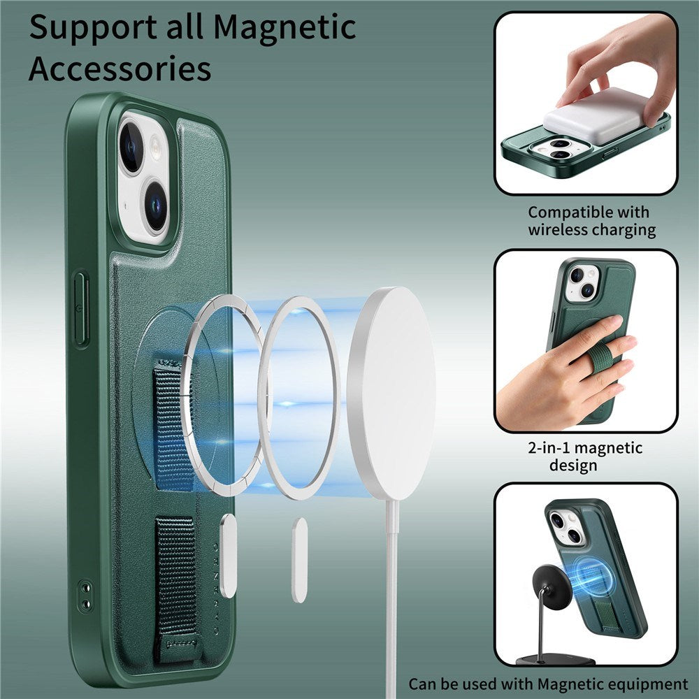 iPhone 15 - Hårdt Plastik Cover m. Kunstlæder Bagside & Fingerrem - MagSafe Kompatibel - Grøn