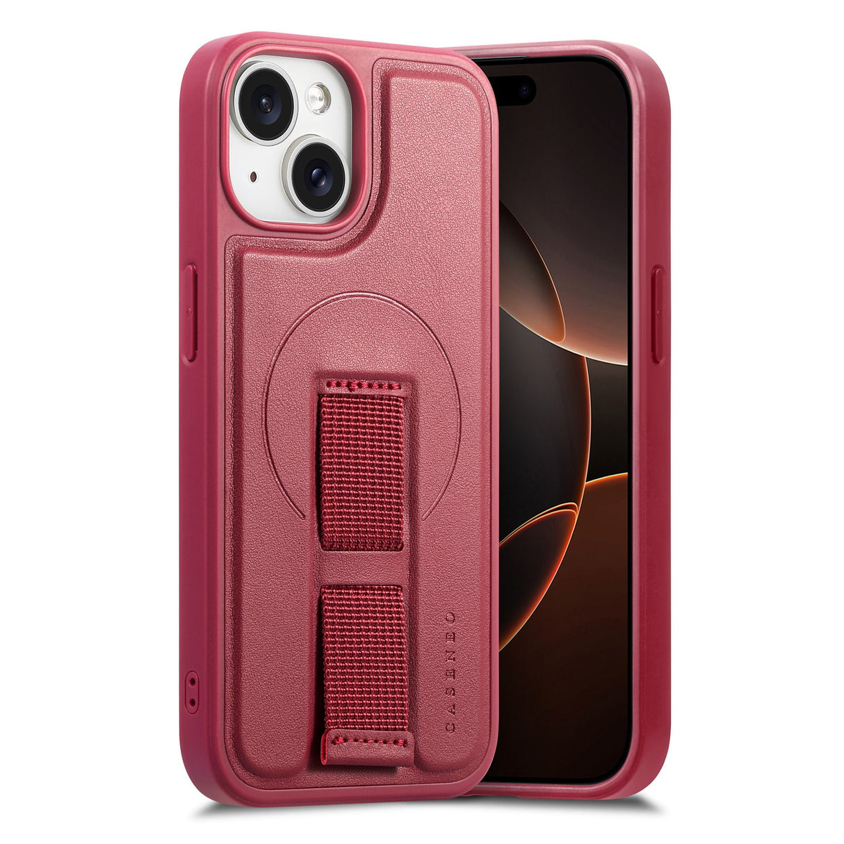 iPhone 14 / 13 - Hårdt Plastik Cover m. Kunstlæder Bagside & Fingerrem - MagSafe Kompatibel - Rød