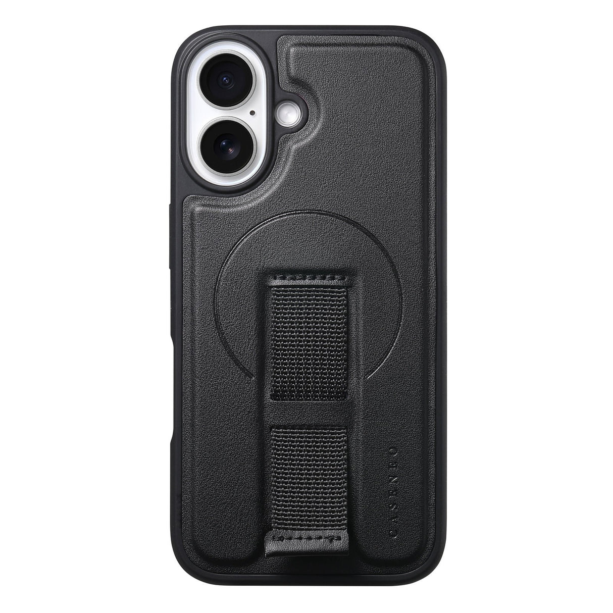 iPhone 16 - Hårdt Plastik Cover m. Kunstlæder Bagside & Fingerrem - MagSafe Kompatibel - Sort