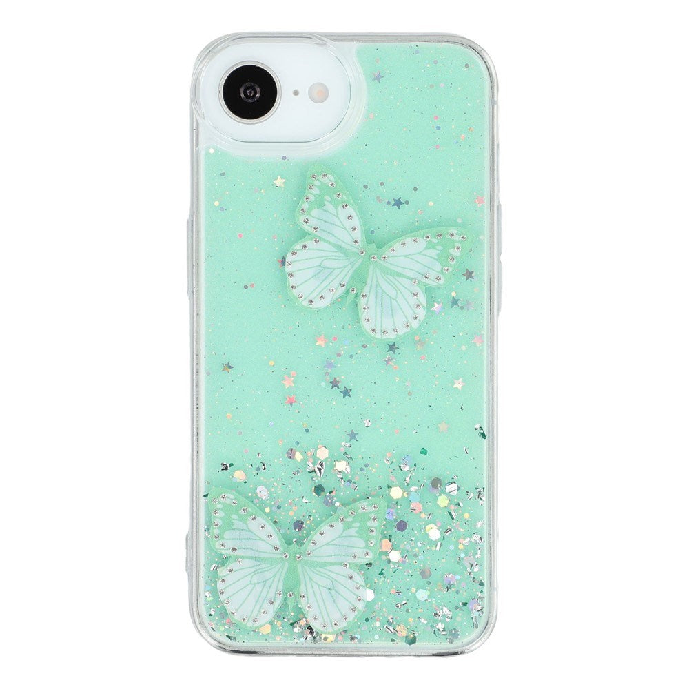 EIDERWOOD iPhone 17e / 16e Fleksibelt Plastik Mobil Cover m. Sommerfugle - Gennemsigtig / Grøn
