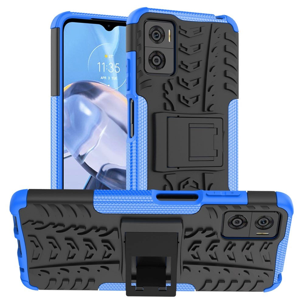 Motorola Moto E22 Cool Tyre Håndværker Mobil Cover m. Stander - Sort / Blå