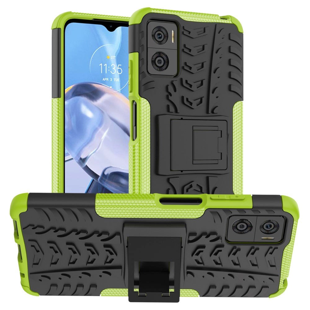 Motorola Moto E22 Cool Tyre Håndværker Mobil Cover m. Stander - Sort / Grøn