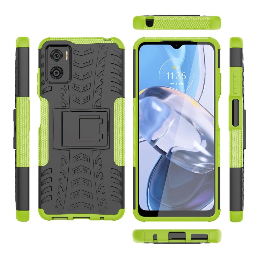 Motorola Moto E22 Cool Tyre Håndværker Mobil Cover m. Stander - Sort / Grøn
