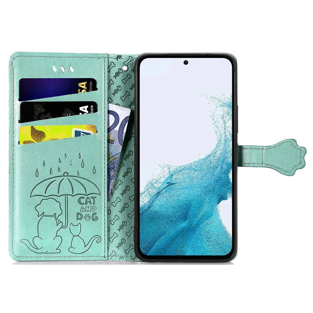 Samsung Galaxy A54 (5G) Læder Mobil Cover m. Pung og Strop - Hunde & Katte - Grøn