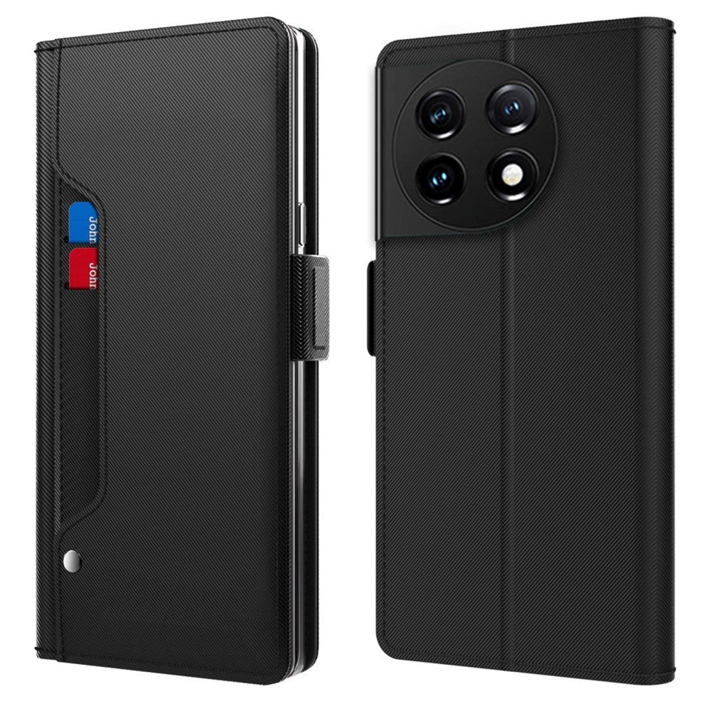 OnePlus 11 Læder Mobil Cover m. Ståfunktion & Indbygget Spejl - Sort