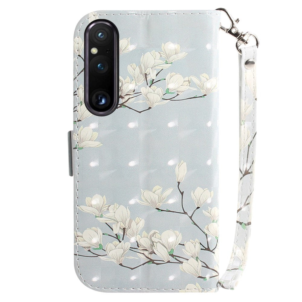 Sony Xperia 1 V Læder Mobil Cover m. Print - Magnolia Blomster