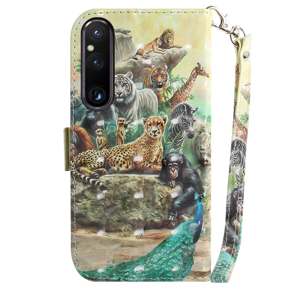 Sony Xperia 1 V Læder Mobil Cover m. Print - Vilde Dyr