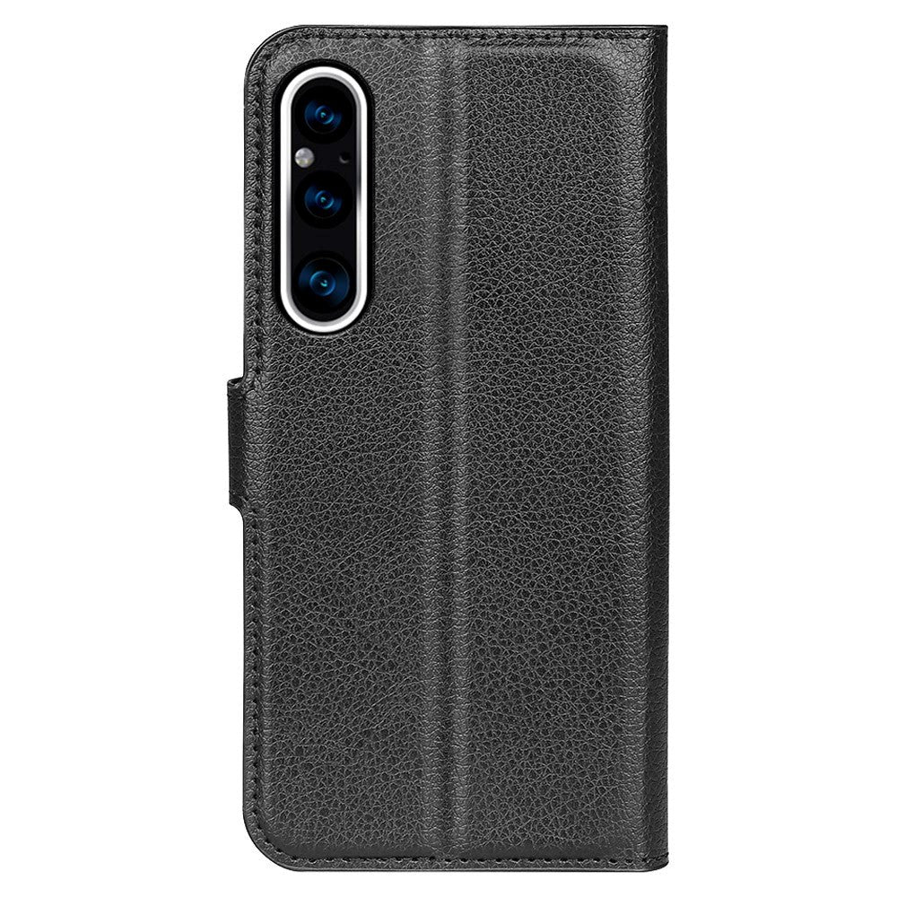 Sony Xperia 1 V Litchi Læder Mobil Cover m. Pung - Sort