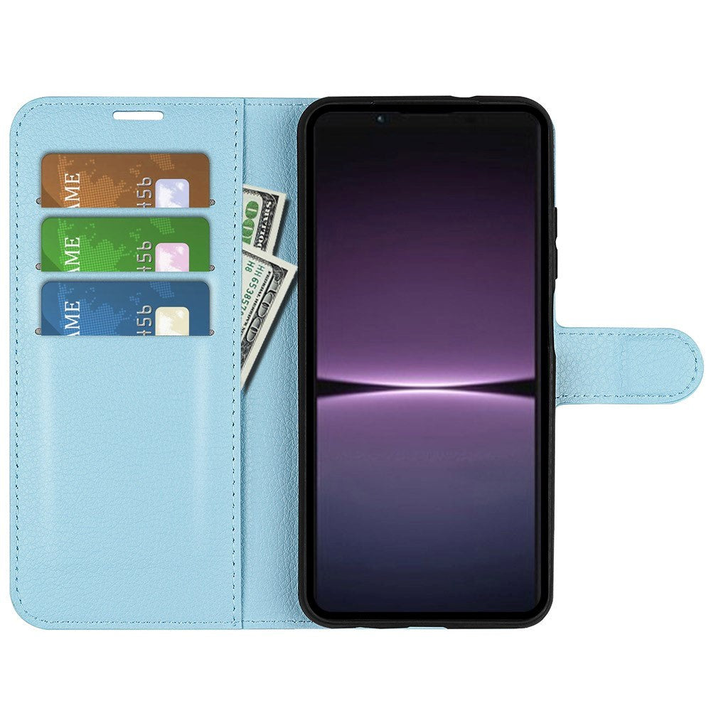 Sony Xperia 1 V Litchi Mobil Flip Cover m. Pung - Lyseblå